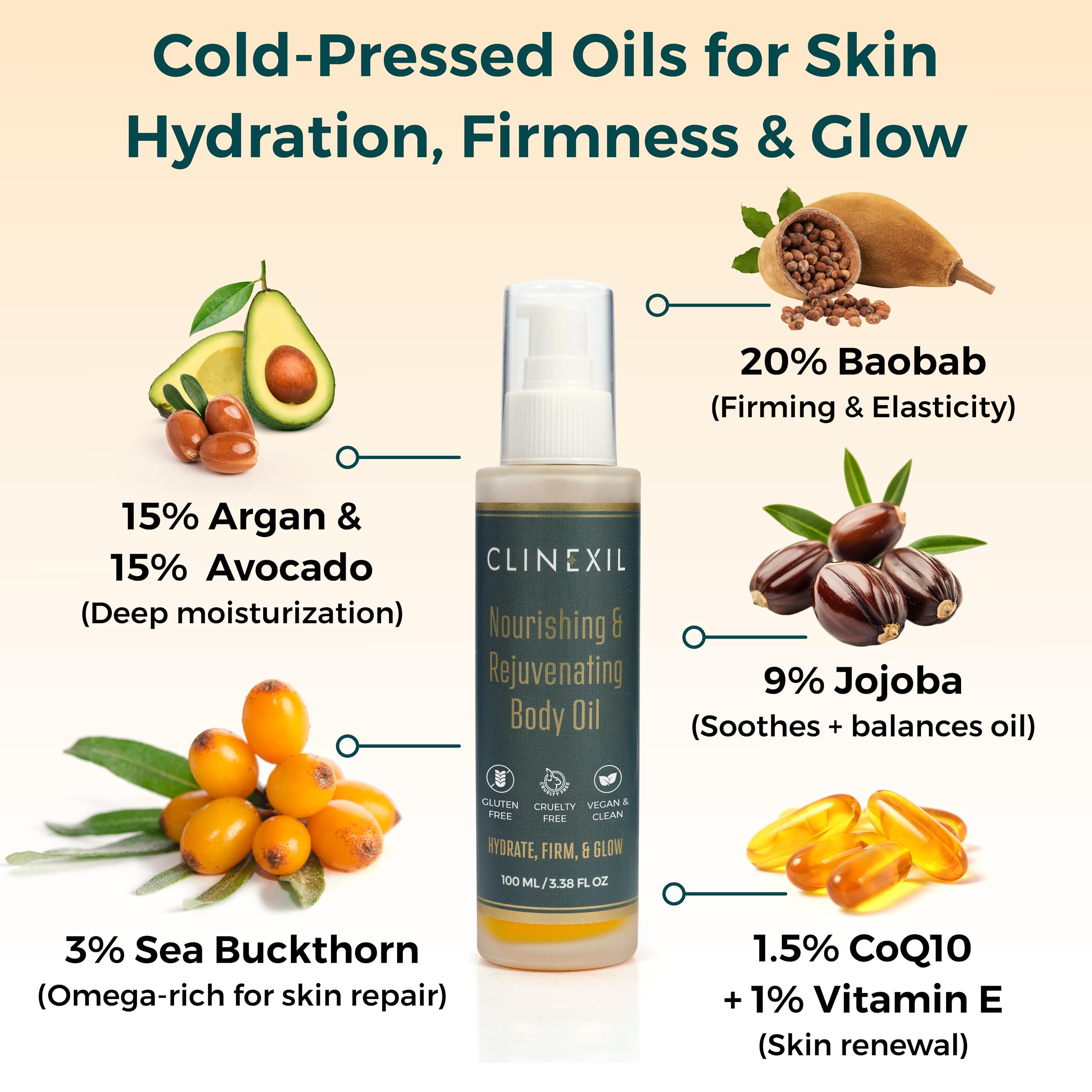 Clinexil nourishing oil on hands with a subtle glow.