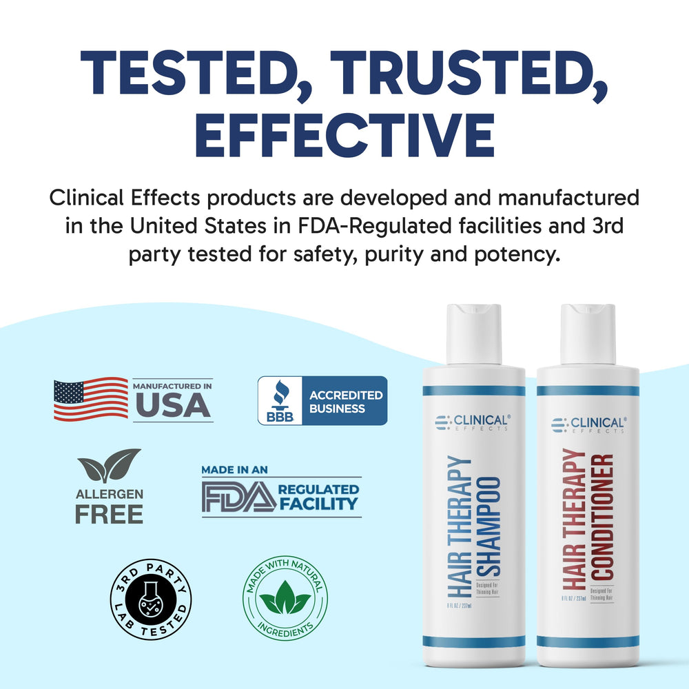 Clinical Effects Hair Therapy made-in-usa label emphasizing quality manufacturing.