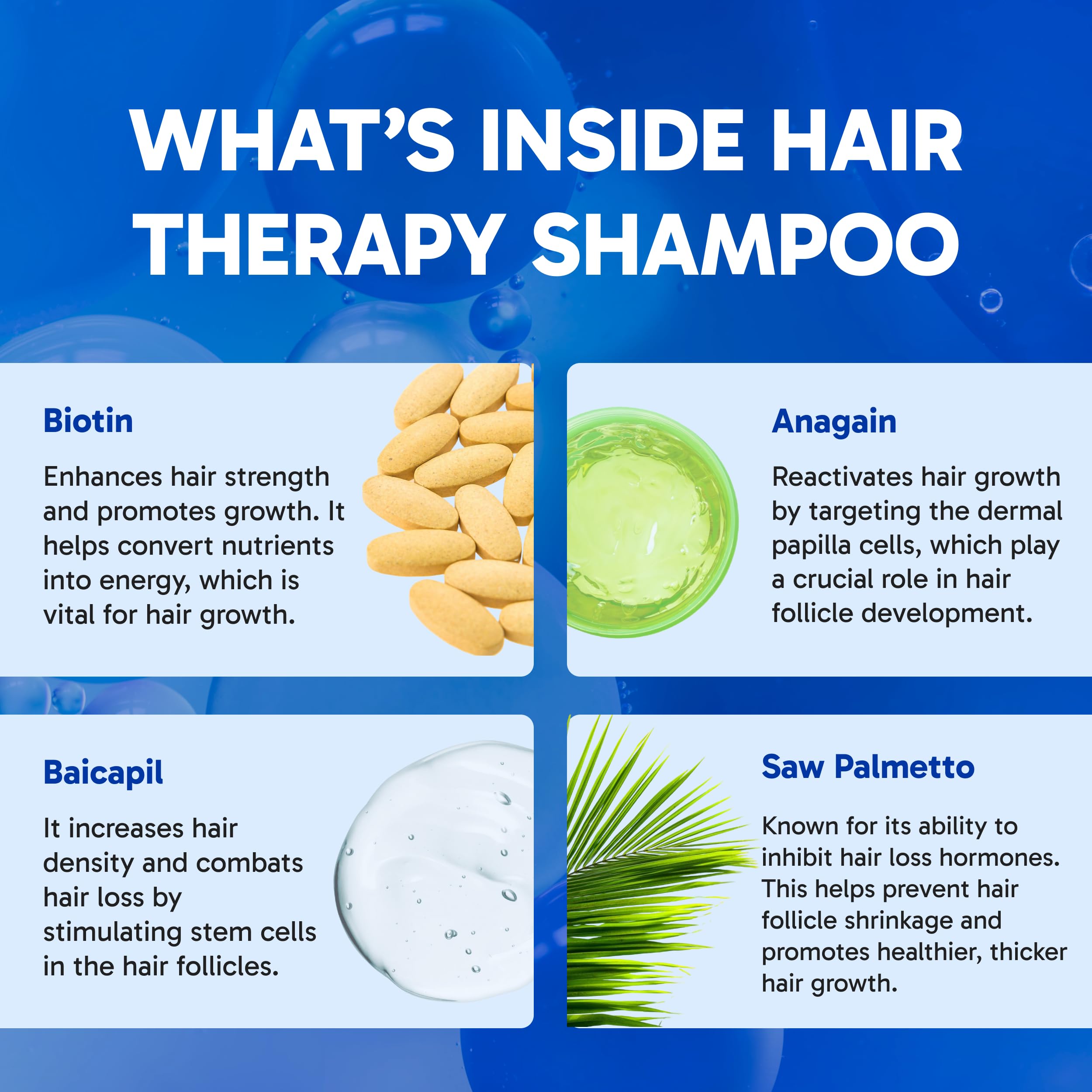 Close-up of Clinical Effects Hair Therapy Shampoo label highlighting US-made quality.