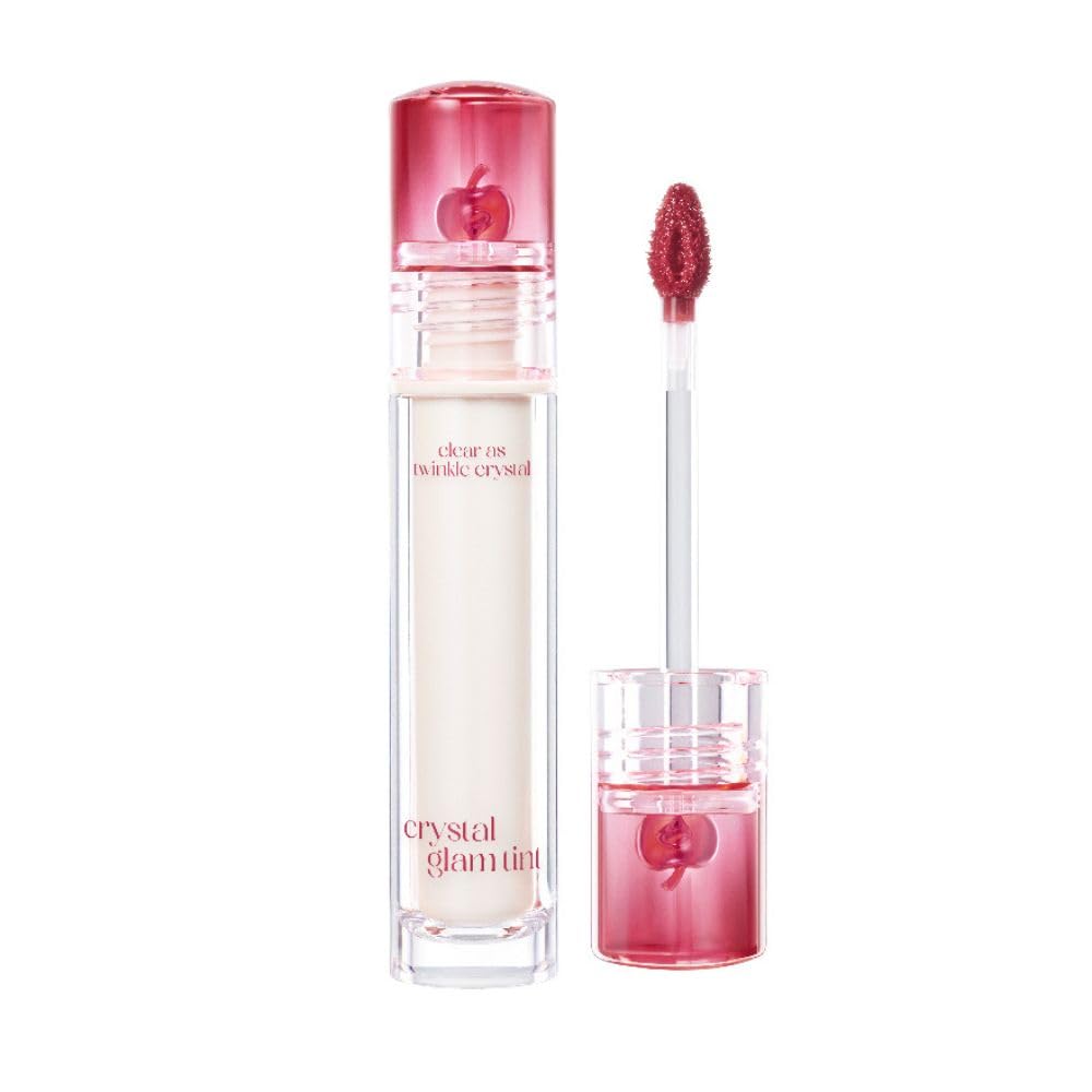 CLIO Crystal Glam Tint 018 Fresh Apple bottle shows glass-like shine and moisturizing formula