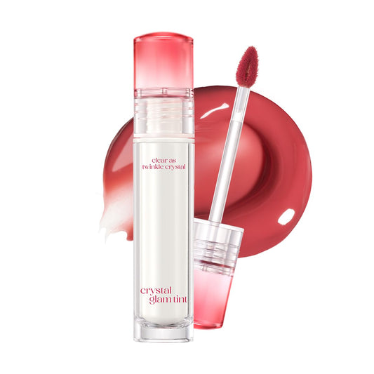 CLIO Crystal Glam Tint bottle close-up shows glass-like shine and lightweight feel