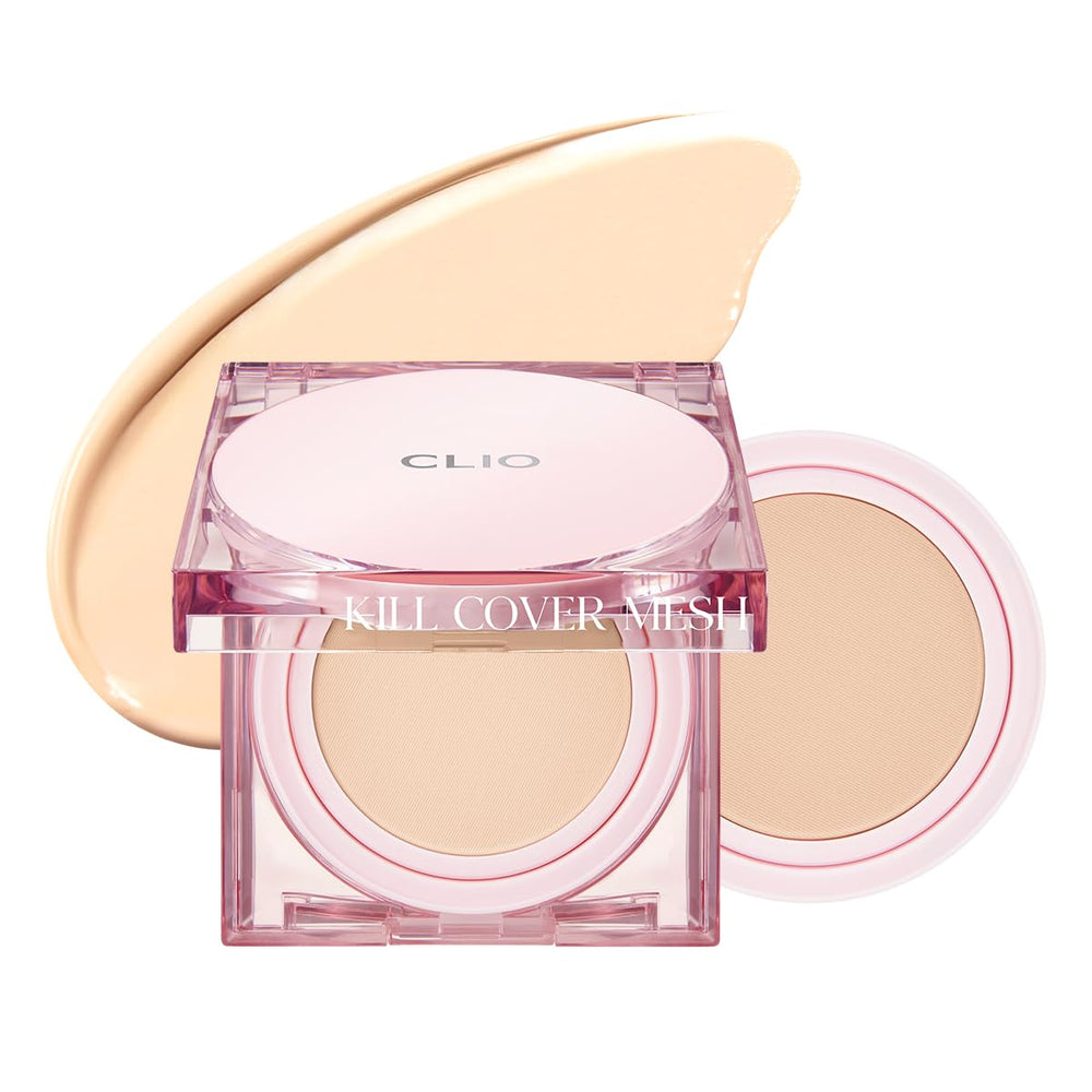 CLIO Kill Cover Mesh Glow Cushion compact closeup showing lightweight, dewy coverage