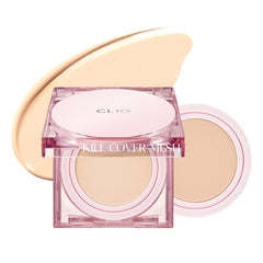 CLIO Kill Cover Mesh Glow Cushion compact closeup showing lightweight, dewy coverage