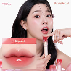 CLIO Professional Crystal Glam Tint 019 Baby Apple application close-up highlighting texture