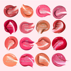 Glass-like finish swatch on lips with Peach Opal shade.