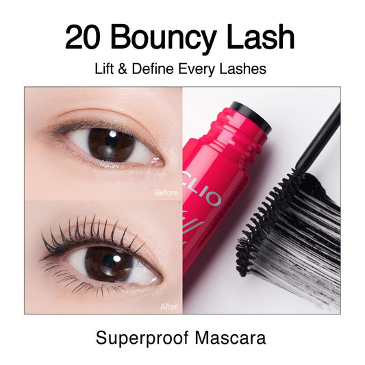 Close-up of CLIO Kill Lash wand shows precise lifting for defined lashes.