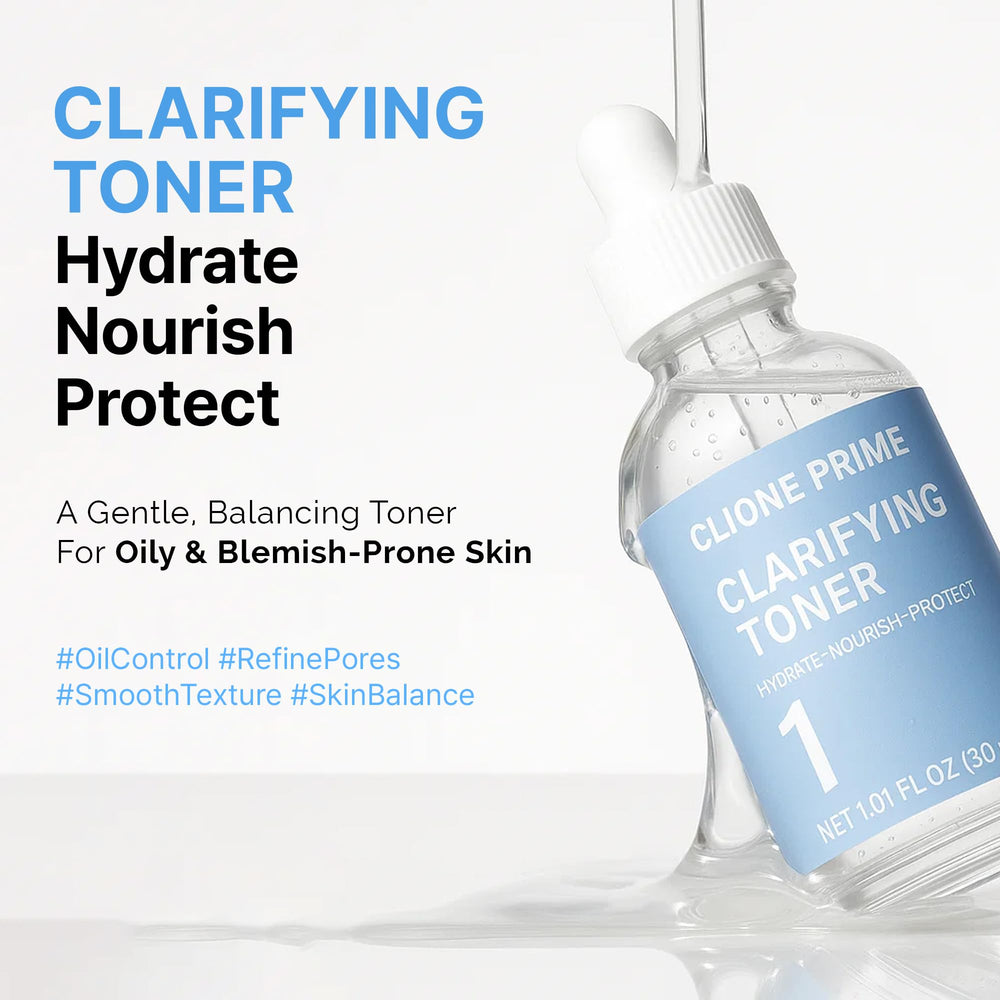 CLIONE PRIME essence-toner application image highlighting hydration and smooth skin.