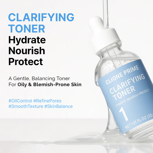 CLIONE PRIME essence-toner application image highlighting hydration and smooth skin.