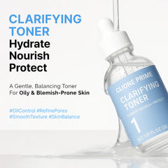 CLIONE PRIME essence-toner application image highlighting hydration and smooth skin.