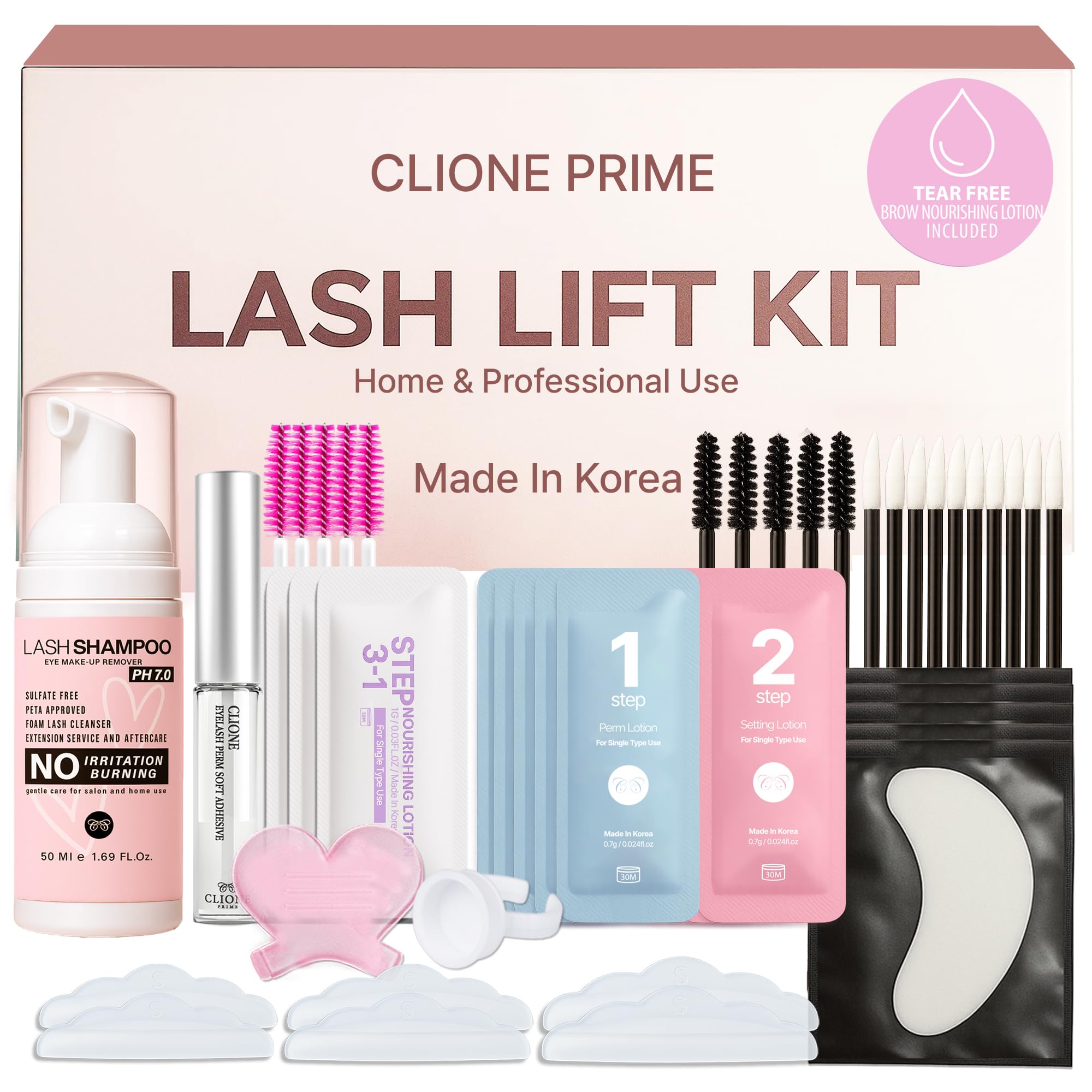 CLIONE PRIME Korean Lash Lift Kit packaging with single-use sachets for freshness.