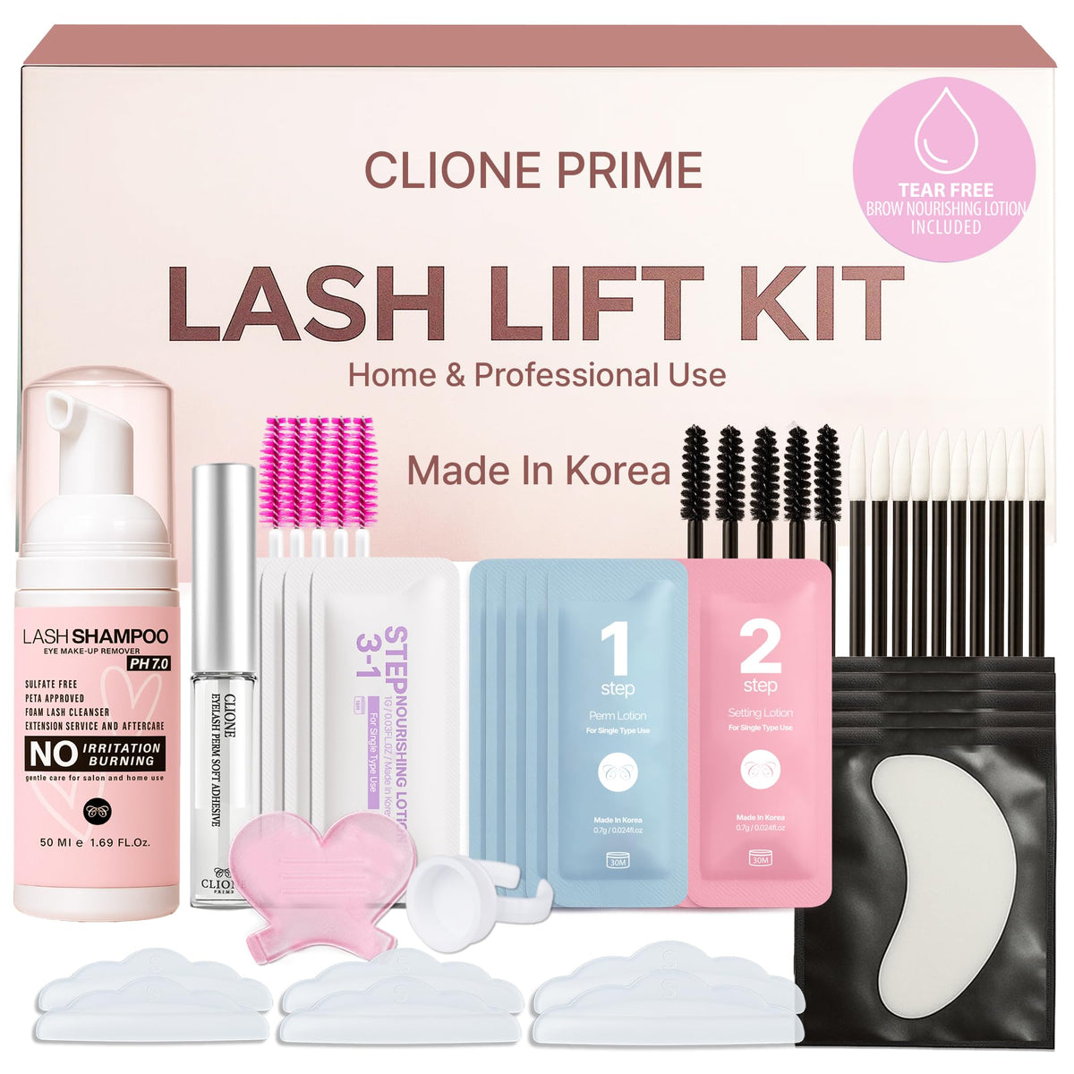 CLIONE PRIME Korean Lash Lift Kit packaging with single-use sachets for freshness.