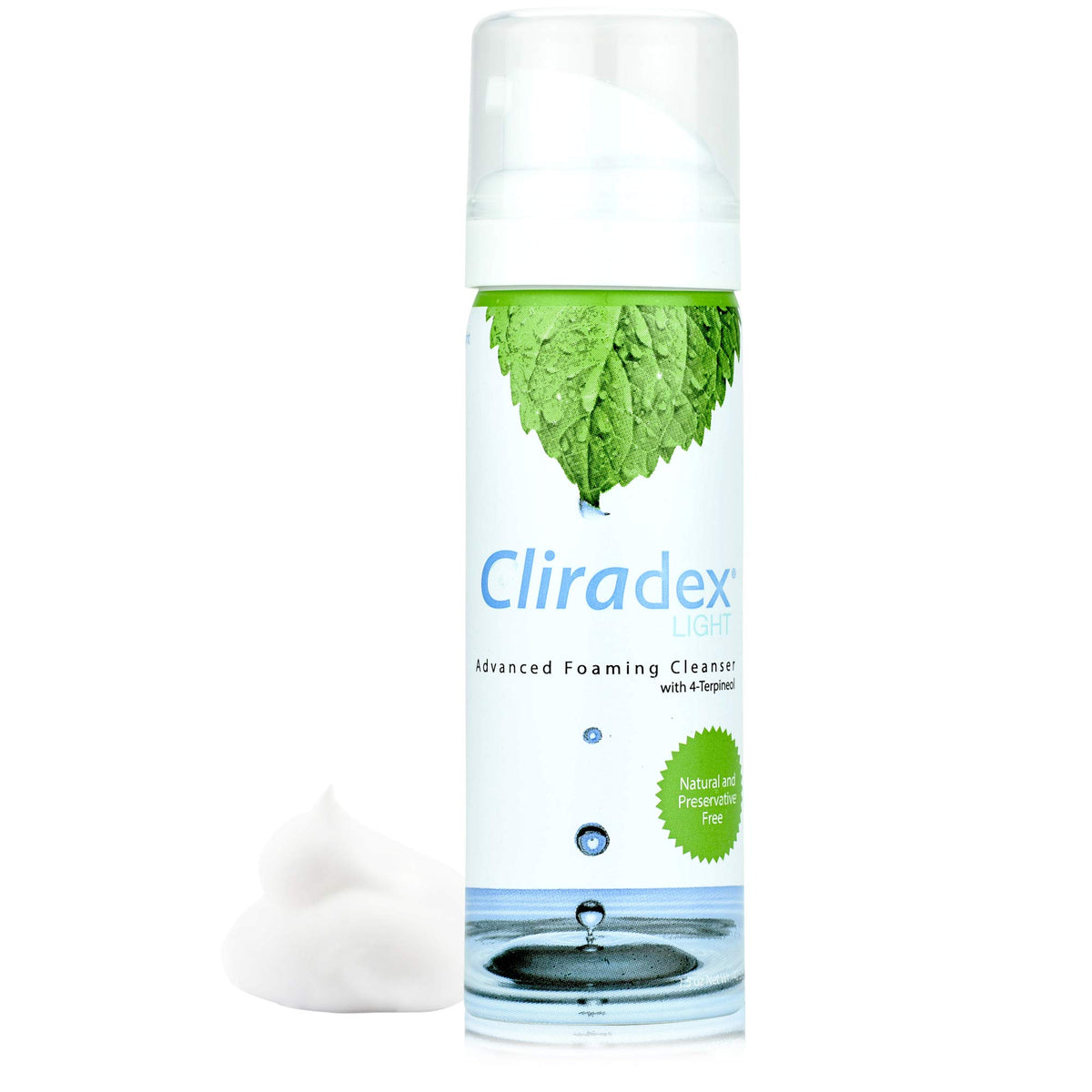 Cliradex foam bottle pour demonstrates easy eyelid cleansing.