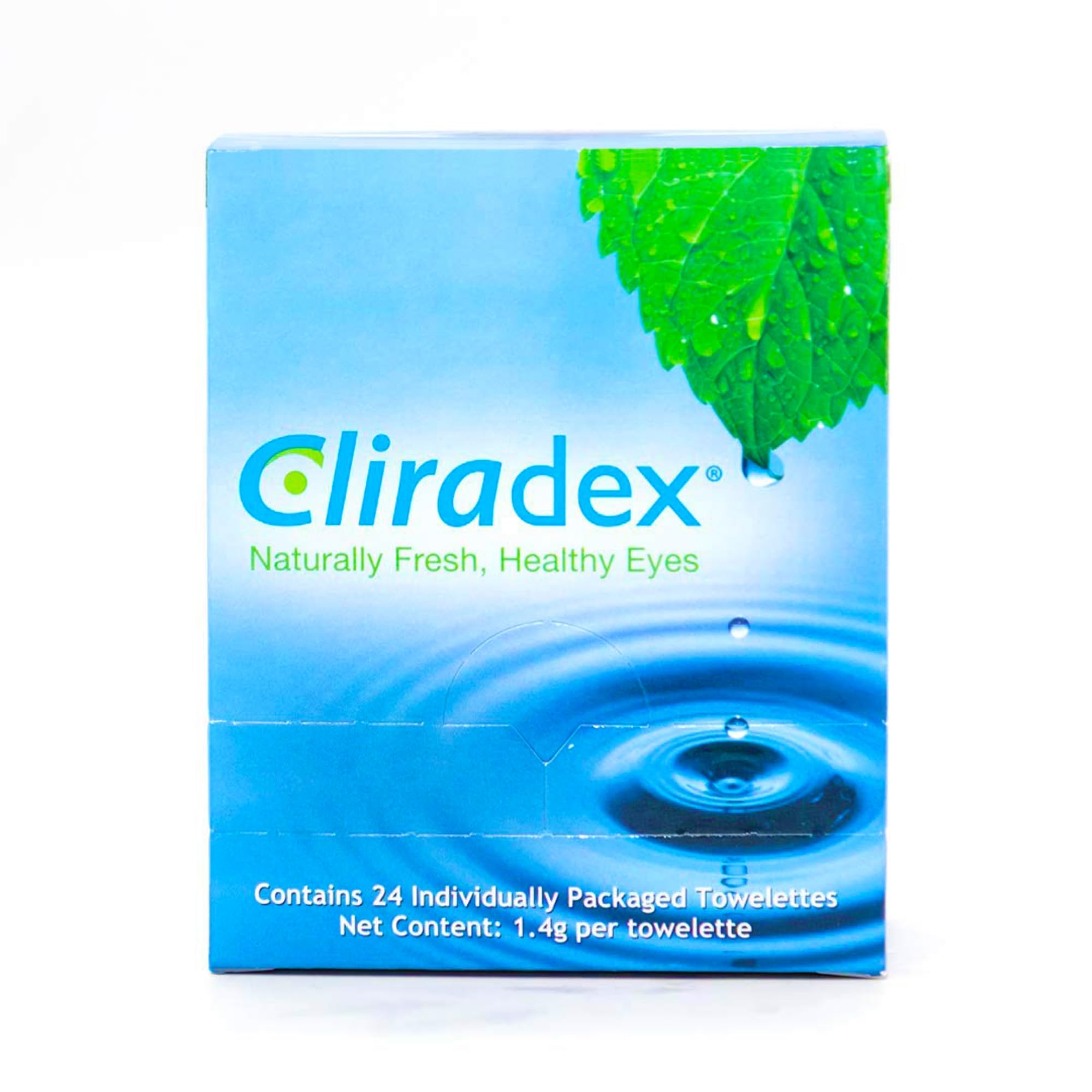 Cliradex Towelettes packshot showing natural eyelid cleanser packaging