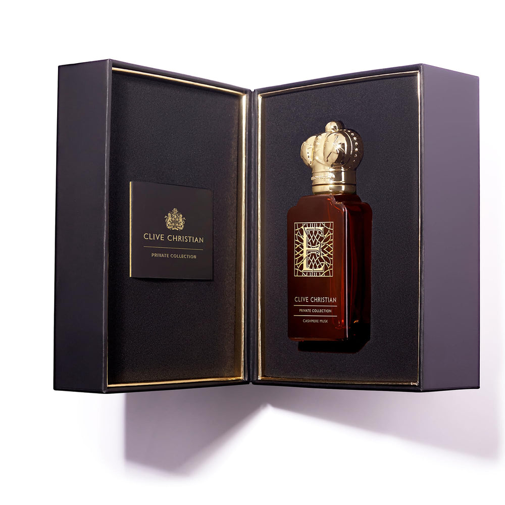 Clive Christian Private Collection E Cashmere Musk crystal bottle with crown top, premium gift option.