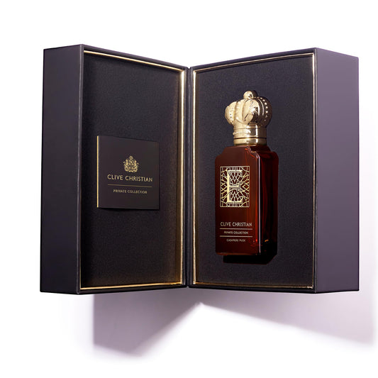 Clive Christian Private Collection E Cashmere Musk crystal bottle with crown top, premium gift option.