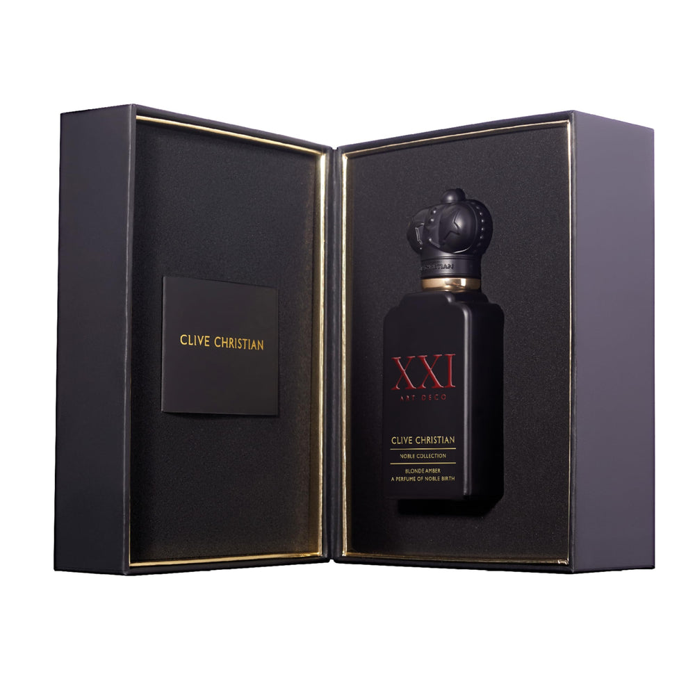 Clive Christian XXl Noble Blonde Amber crystal bottle showcases premium perfume elegance.