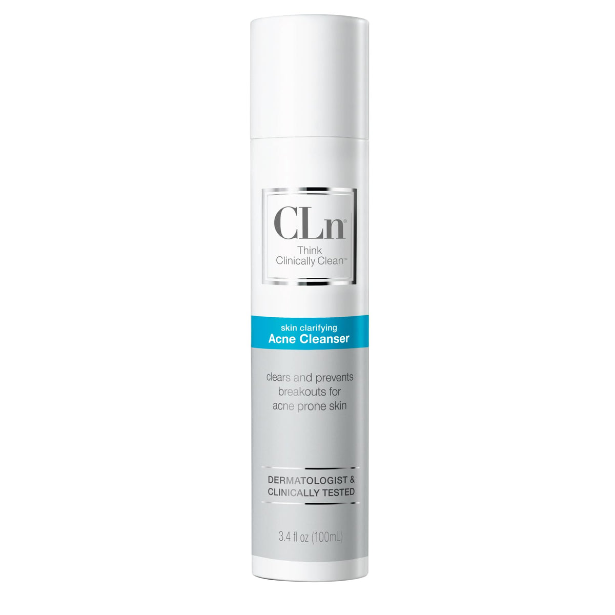 CLn Acne Cleanser bottle front view showing fragrance-free formula for sensitive skin.