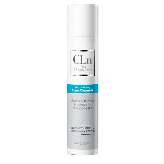CLn Acne Cleanser bottle front view showing fragrance-free formula for sensitive skin.