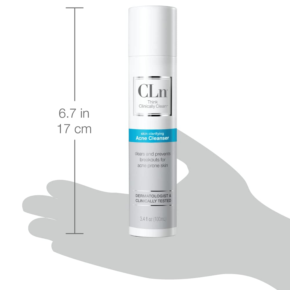 Shower-ready CLn Acne Cleanser bottle on a bathroom shelf.