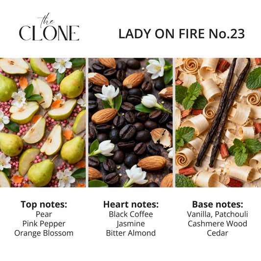 Clone Lady on Fire 23 bottle side view, luxurious scent profile for evenings.