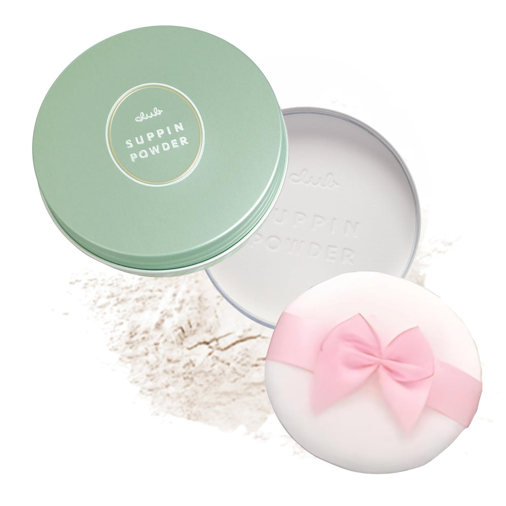 Club Suppin translucent pressed powder compact with mirror for quick touch-ups and on-the-go use.