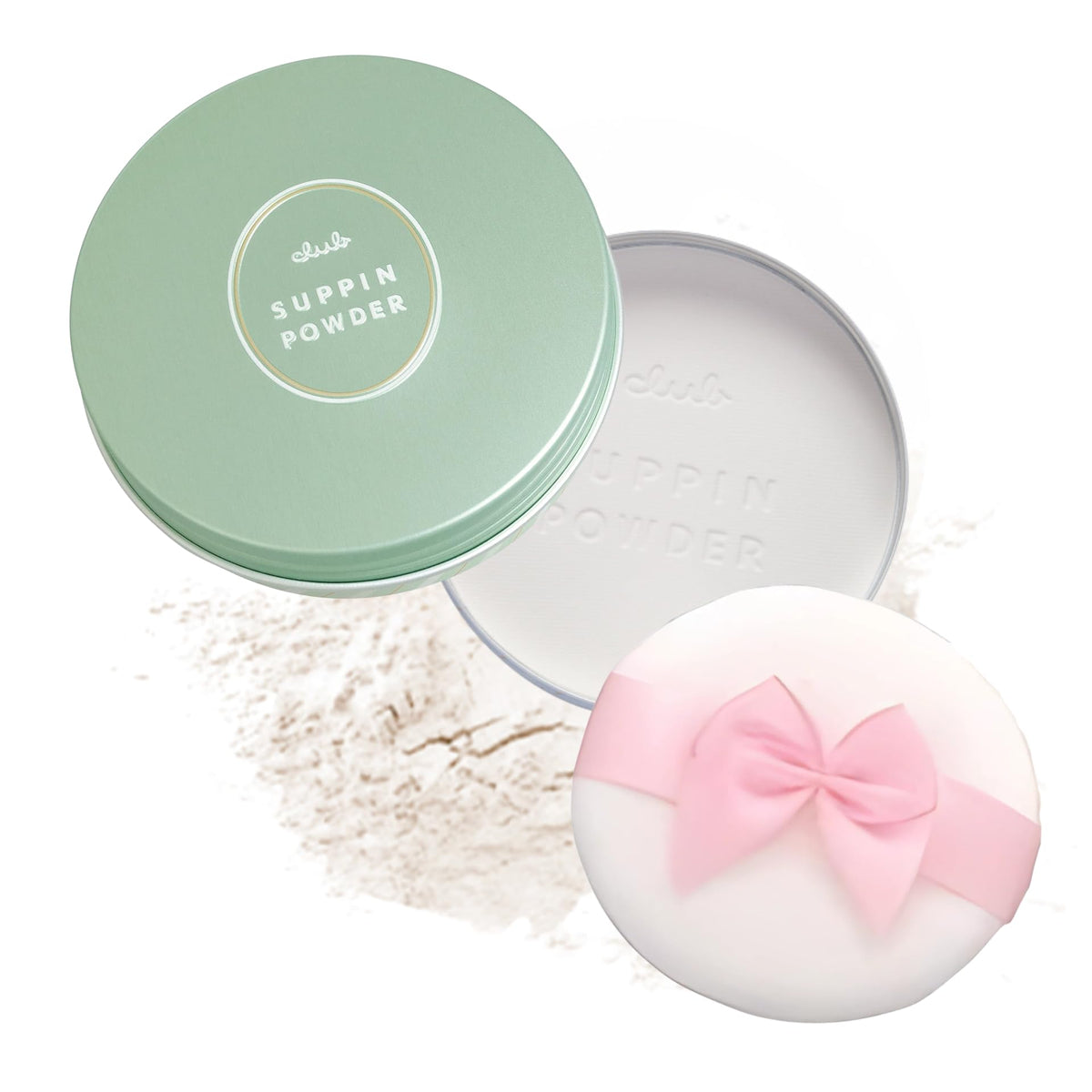 Club Suppin translucent pressed powder compact with mirror for quick touch-ups and on-the-go use.