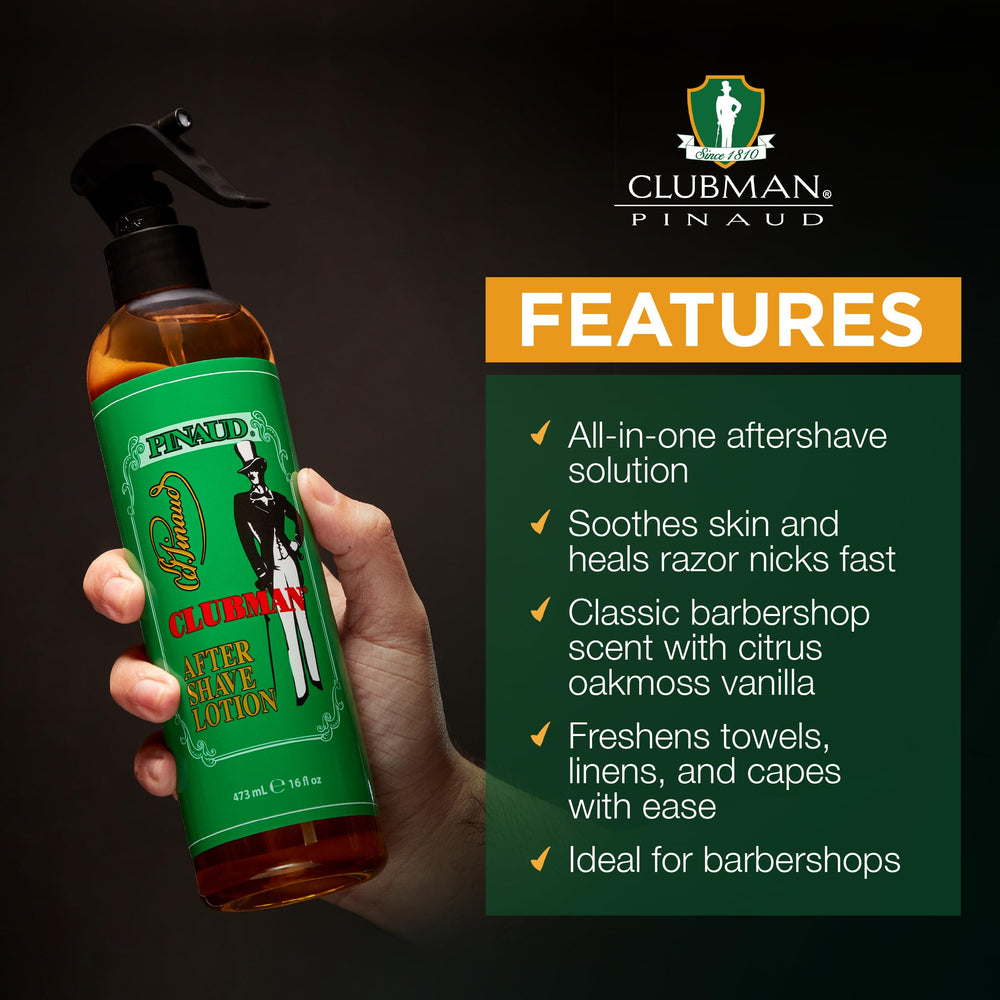 Clubman After Shave Lotion Spray in hand for quick post-shave use