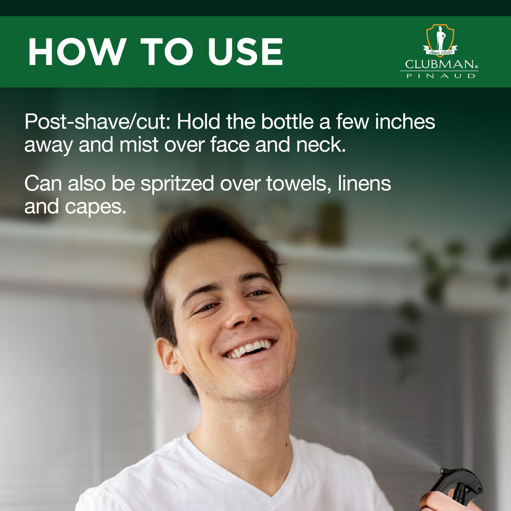 Clubman After Shave Lotion Spray texture on skin suggests a soothing finish