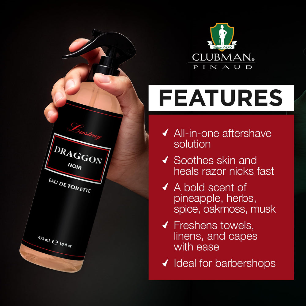 Clubman Lustray Draggon Noir on a bathroom counter, ready for post-shave refresh.