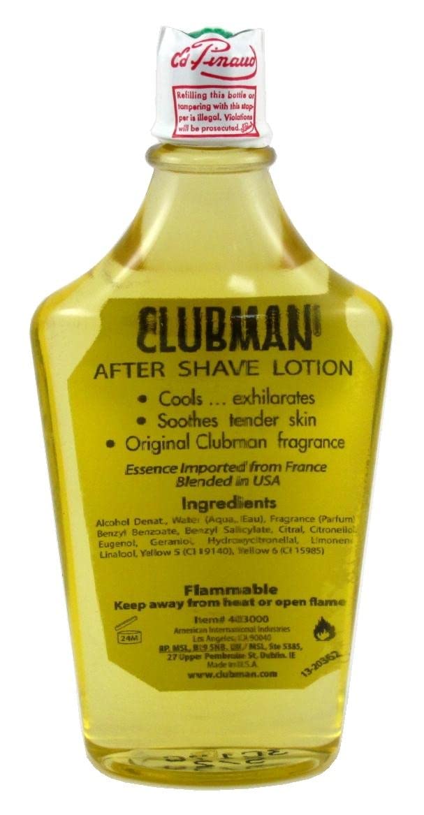 Clubman Pinaud 177ml bottle showcased for refreshing post-shave feel.
