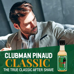 Close-up of applying Clubman Pinaud After Shave for a calming post-shave ritual.