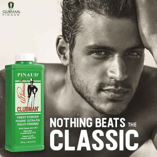 Clubman Pinaud powder being dispensed for easy application and quick absorption