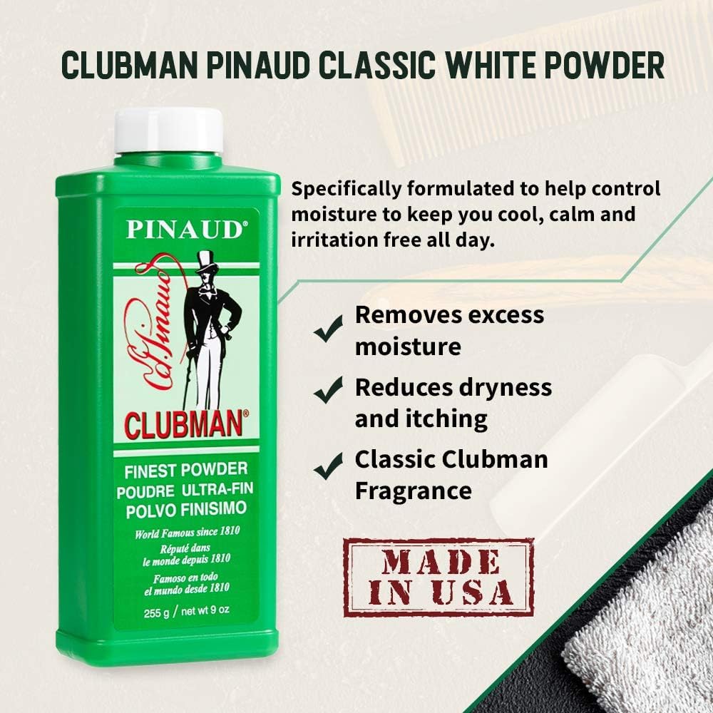 Close-up of Clubman Pinaud powder texture showing micro fine absorption