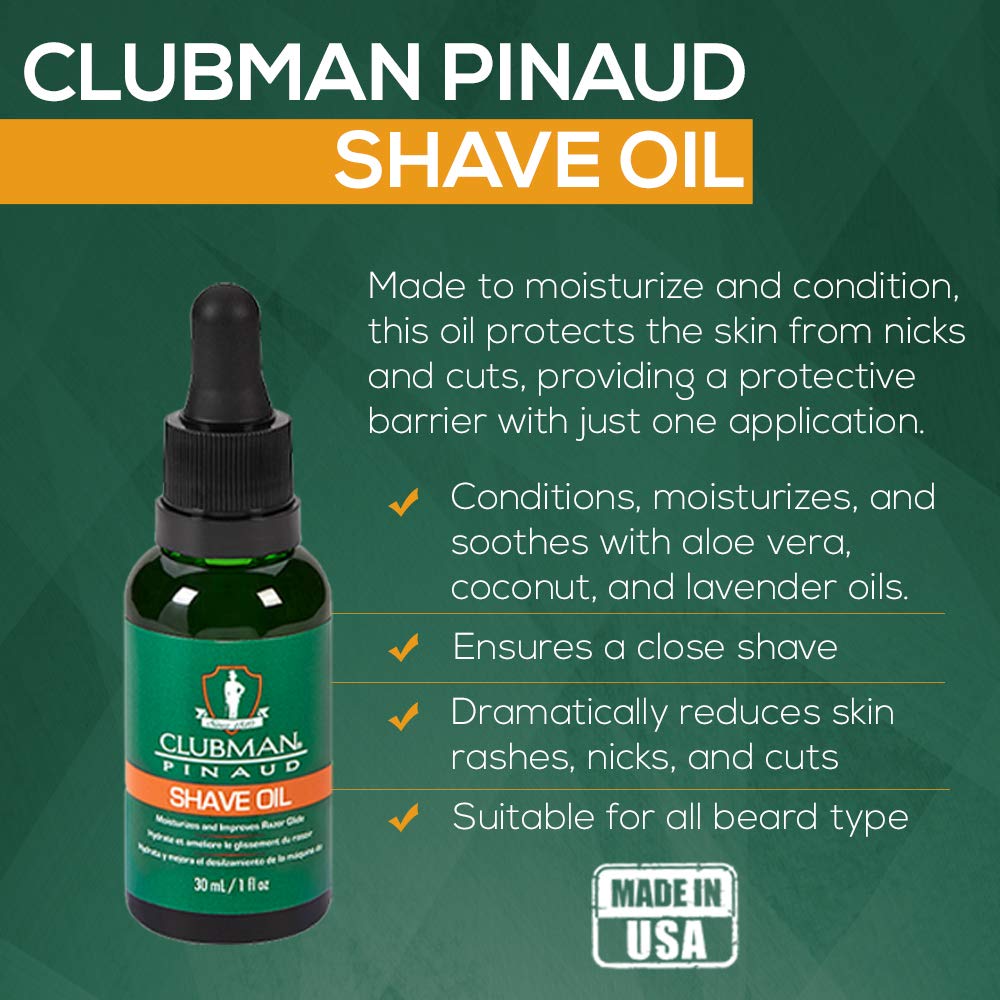 Clubman Pinaud pre shave oil softens facial hair for a comfortable shave