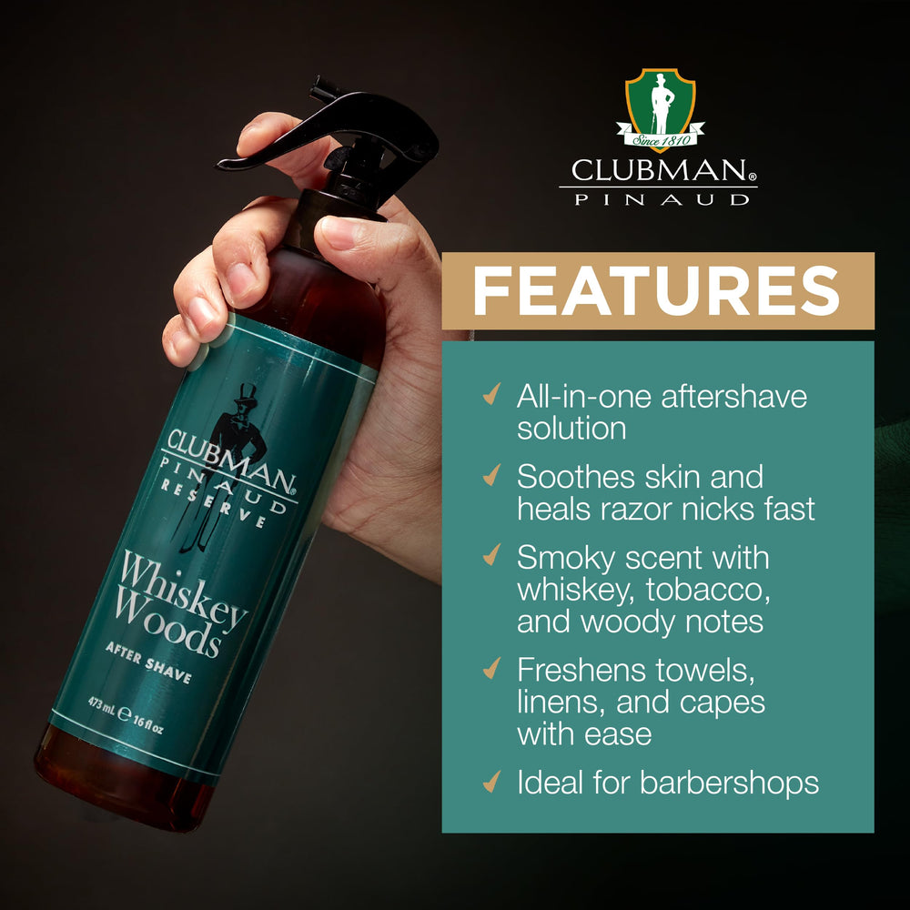 Clubman Reserve Whiskey Woods close-up label highlights premium branding.