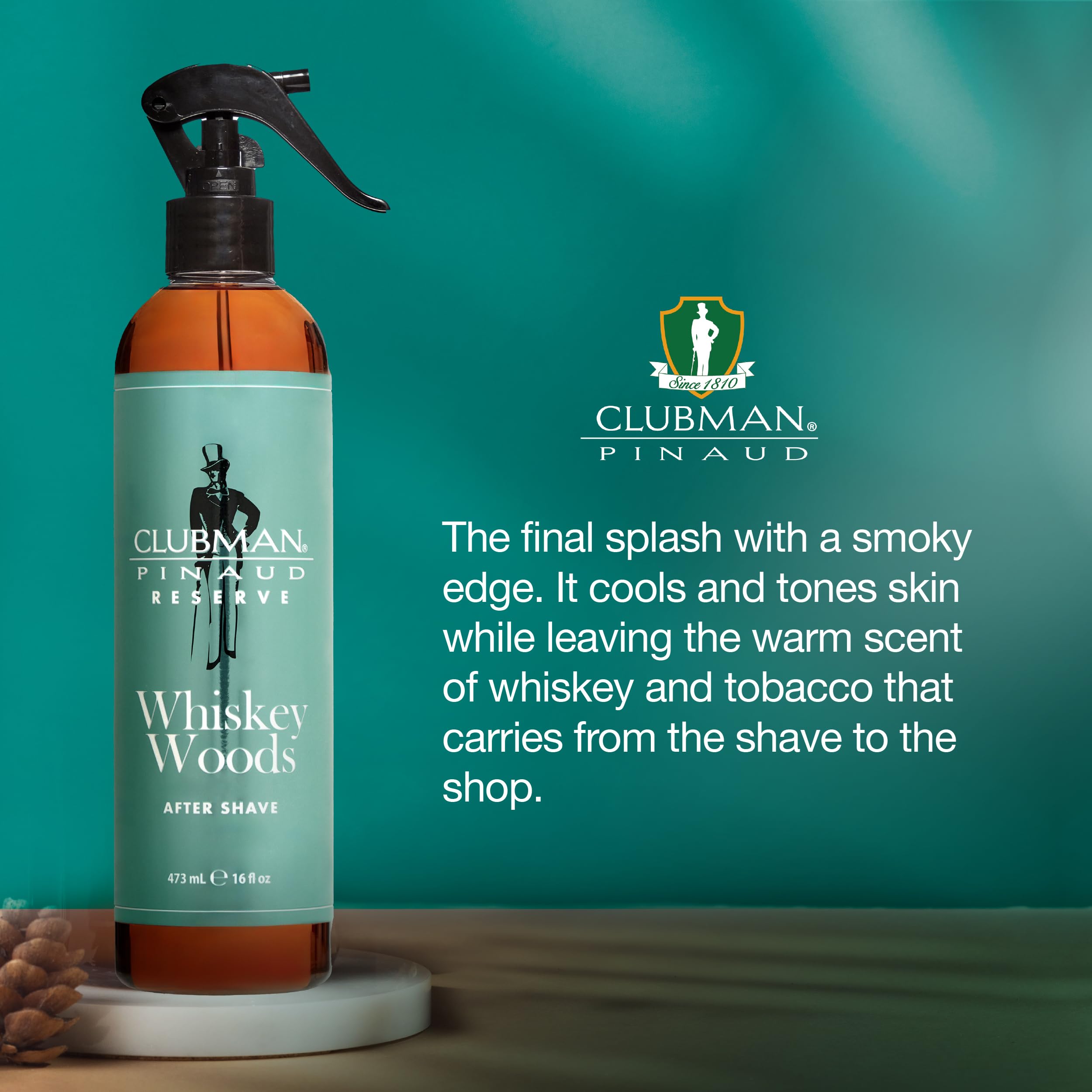 Clubman Reserve Whiskey Woods spray nozzle delivers even mist.