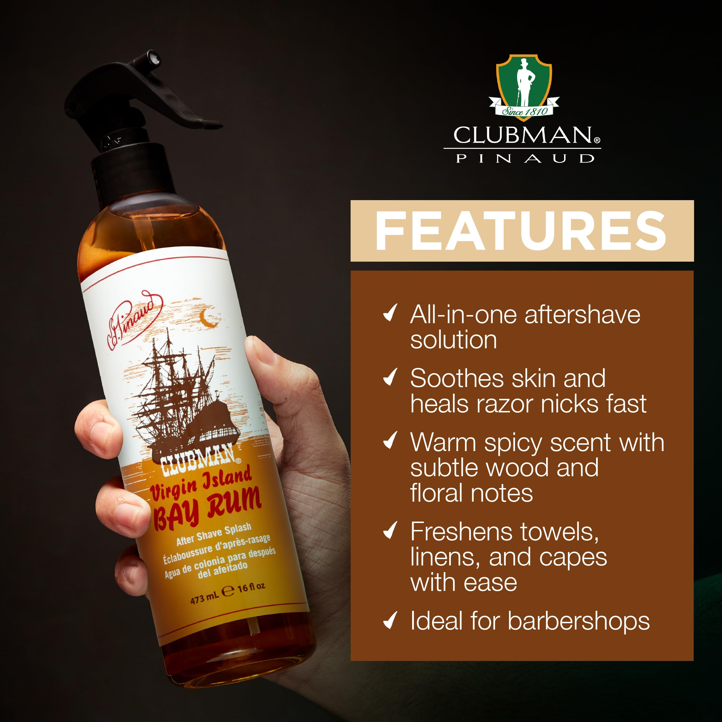 Packaging image showing Clubman Virgin Island Bay Rum branding and 16 oz bottle.