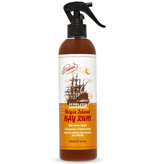 Clubman Virgin Island Bay Rum spray bottle with classic scent for daily grooming.