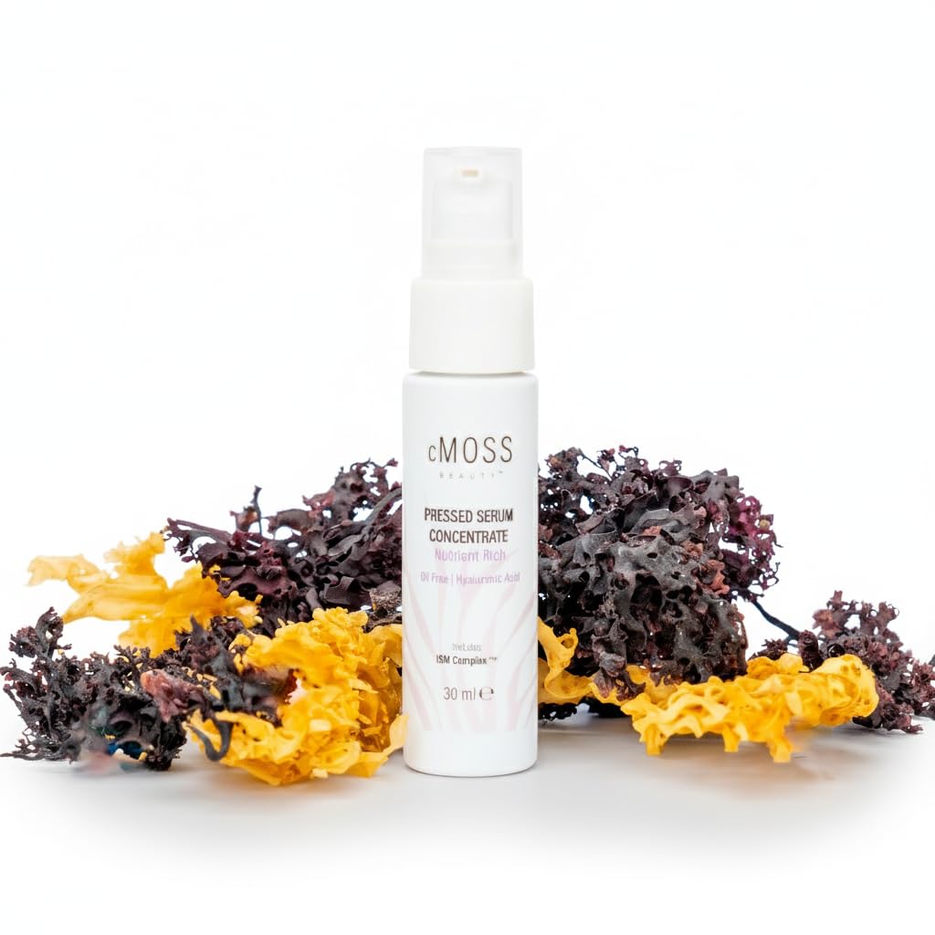 cMOSS BEAUTY sea moss-infused pressed serum bottle showing oil-free hydration