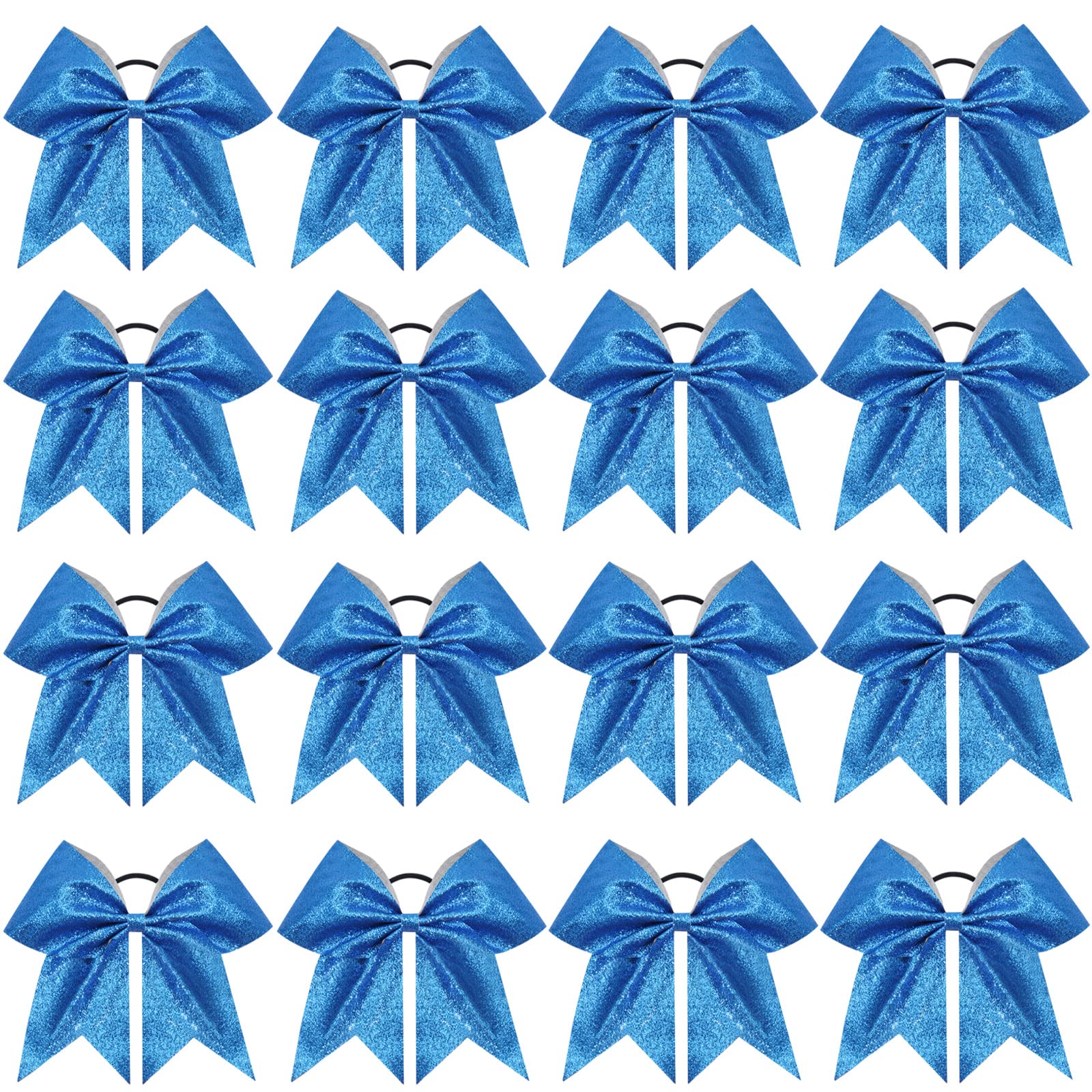 CN Sparkly blue 8in cheer bow with secure fit for routines.