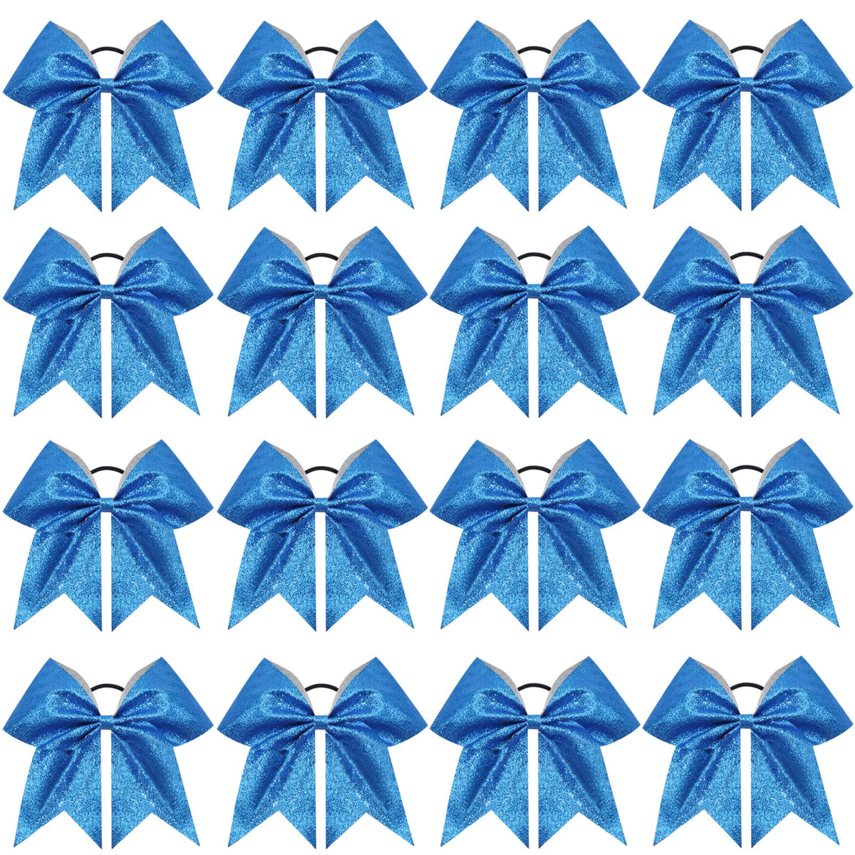 CN Sparkly blue 8in cheer bow with secure fit for routines.