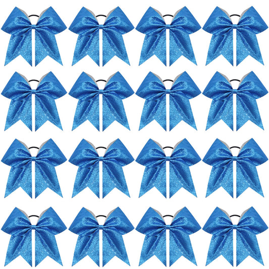 CN Sparkly blue 8in cheer bow with secure fit for routines.