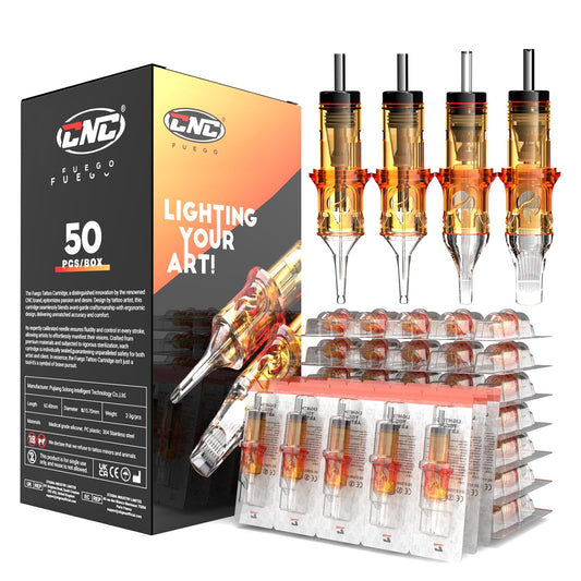 CNC tattoo needle cartridges 50pcs packaging view showing mixed sizes for versatility