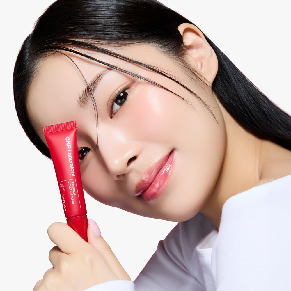 CNP Propolis Jelly Lipcerin Cherry Pie swatch shows vibrant tint.