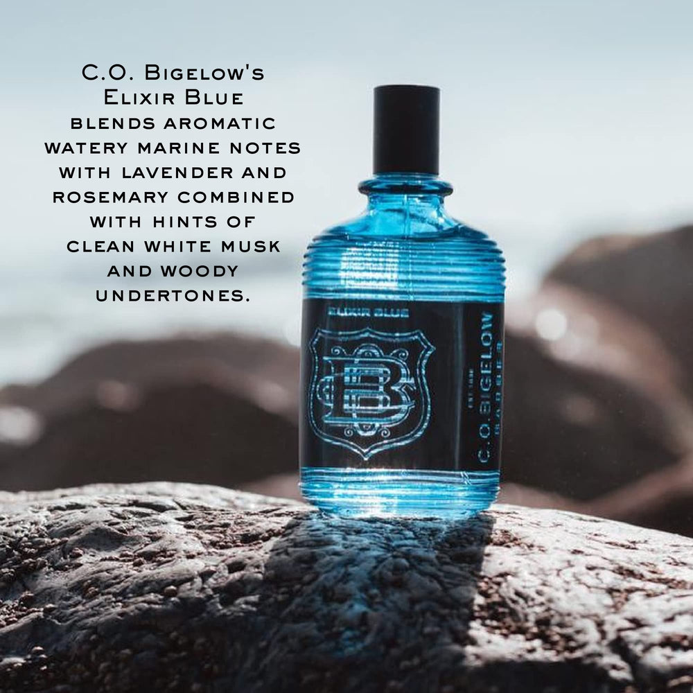 C.O. Bigelow Elixir Blue bottle angle highlights sleek glass and modern style