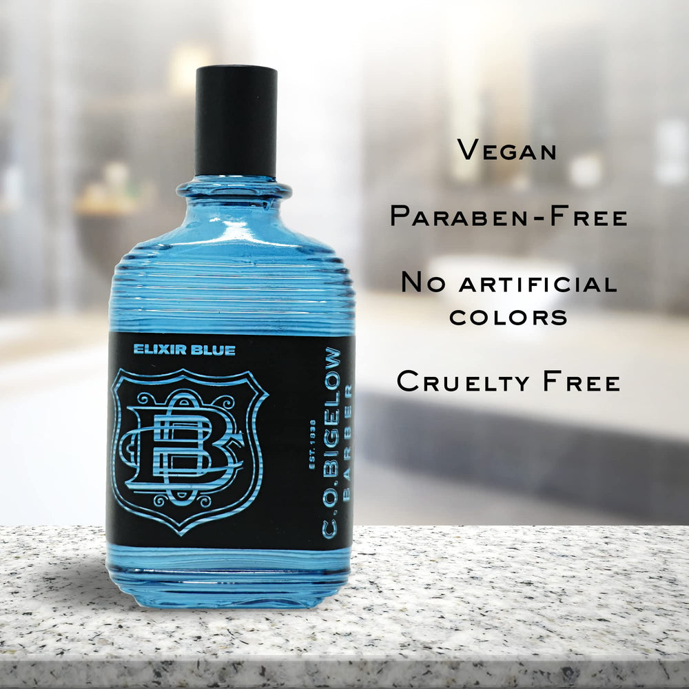 C.O. Bigelow Elixir Blue label detail reinforces premium, cruelty-free branding