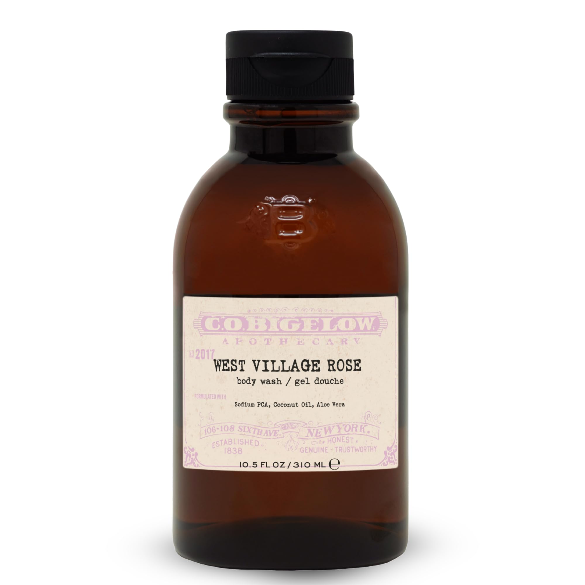 C.O. Bigelow West Village Rose Body Wash bottle on a bathroom shelf, moisturizing formula.