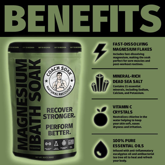 Coach Soak magnesium flakes and Dead Sea salt deliver a refreshing soak