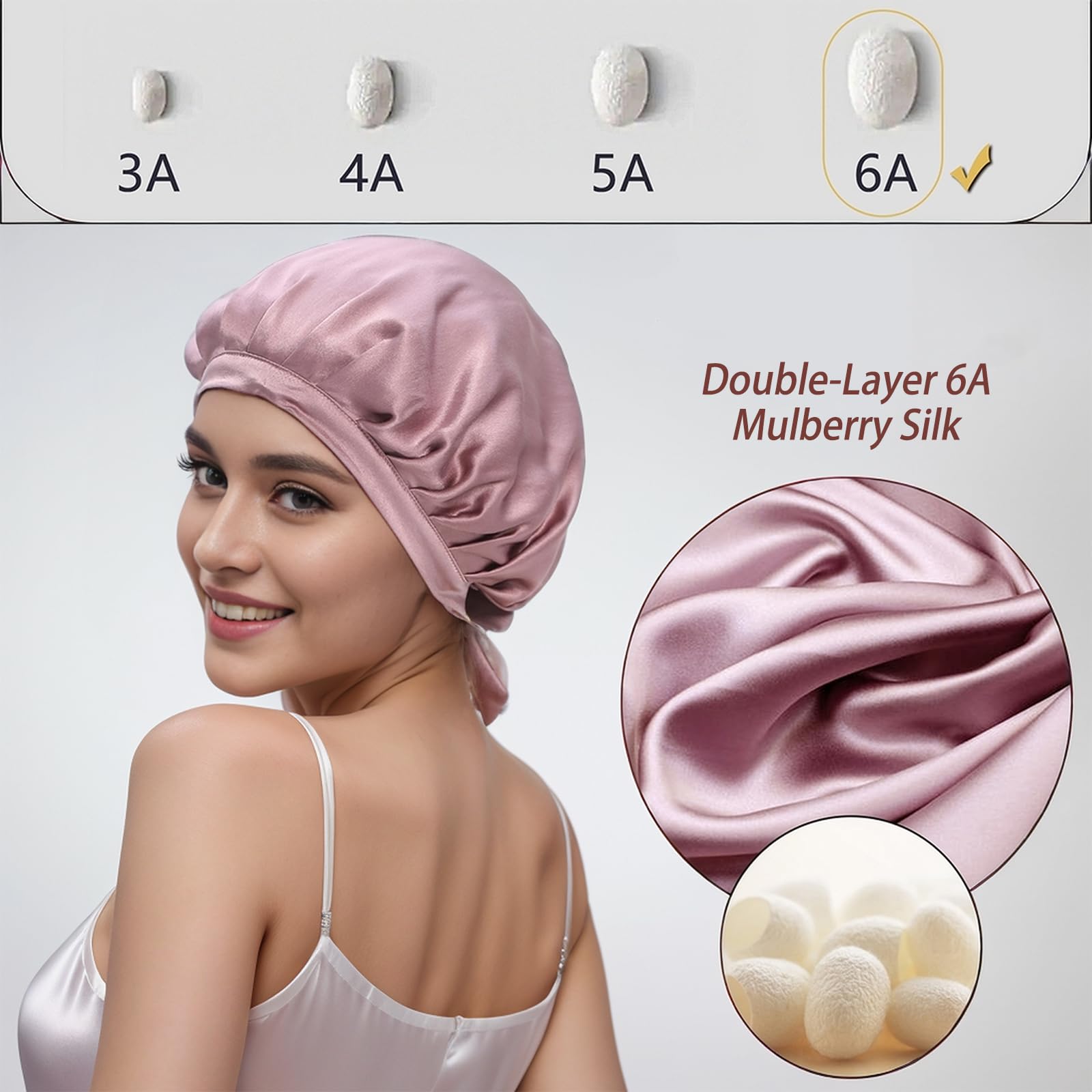 Close-up of adjustable ribbon on Cocheng silk bonnet for secure fit