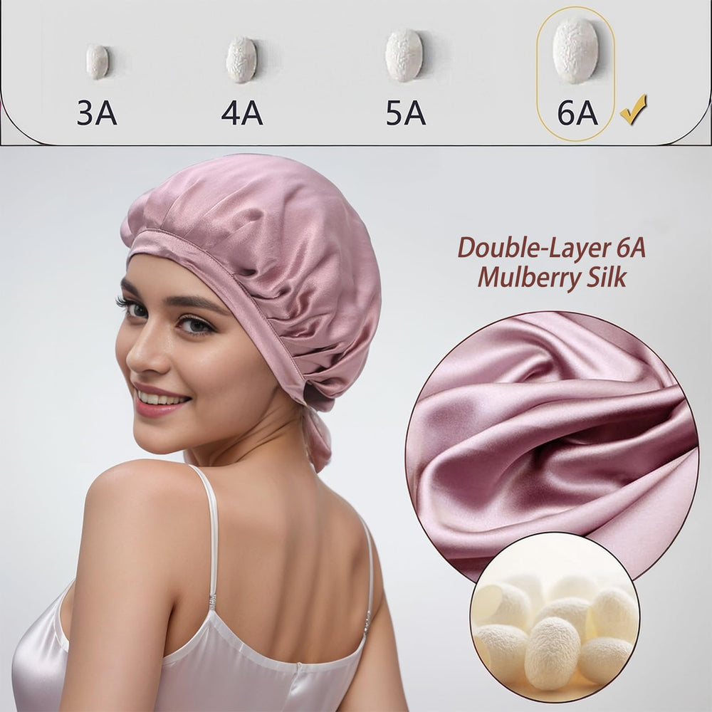 Close-up of adjustable ribbon on Cocheng silk bonnet for secure fit